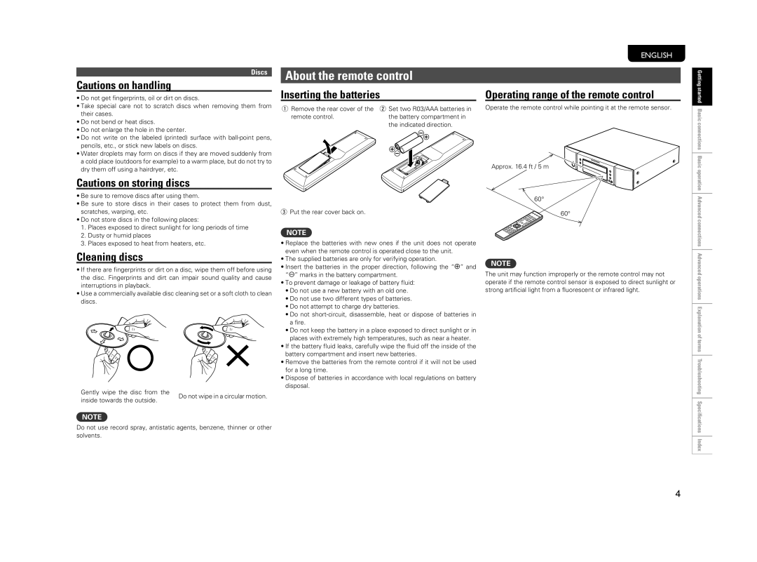 Marantz CD5004 About the remote control, Cleaning discs, Inserting the batteries, Operating range of the remote control 