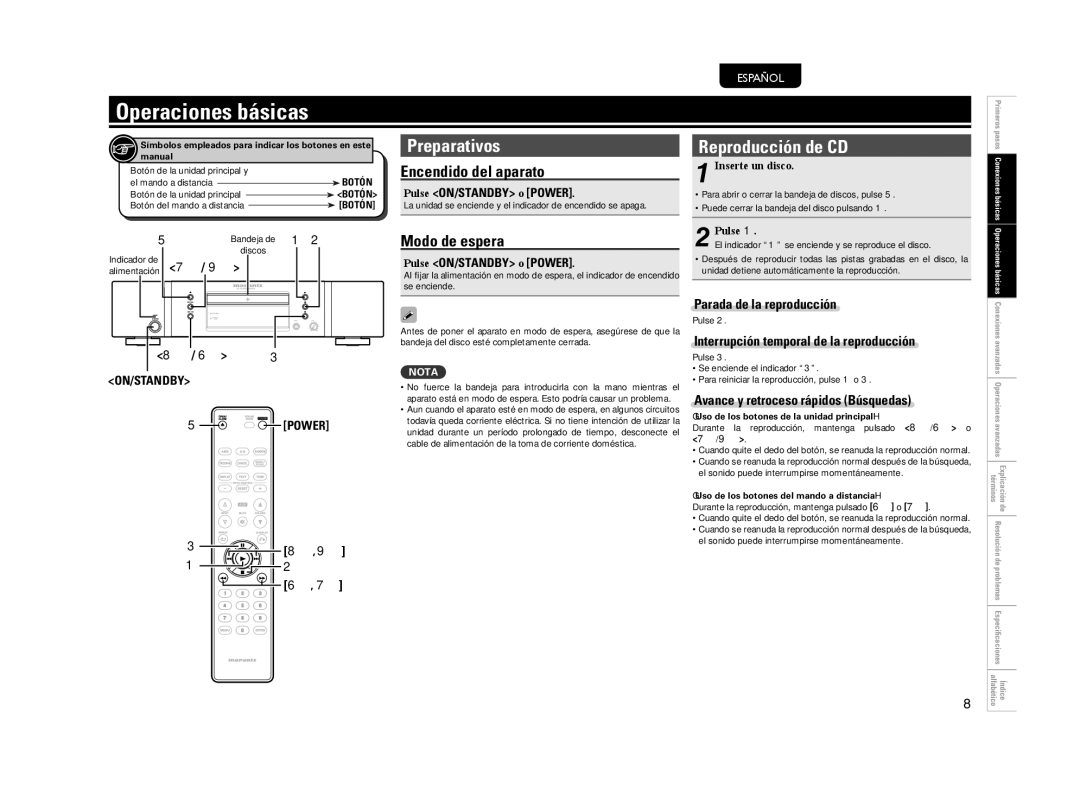 Marantz CD5004 manual Operaciones básicas, Reproducción de CD, Encendido del aparato, Modo de espera 