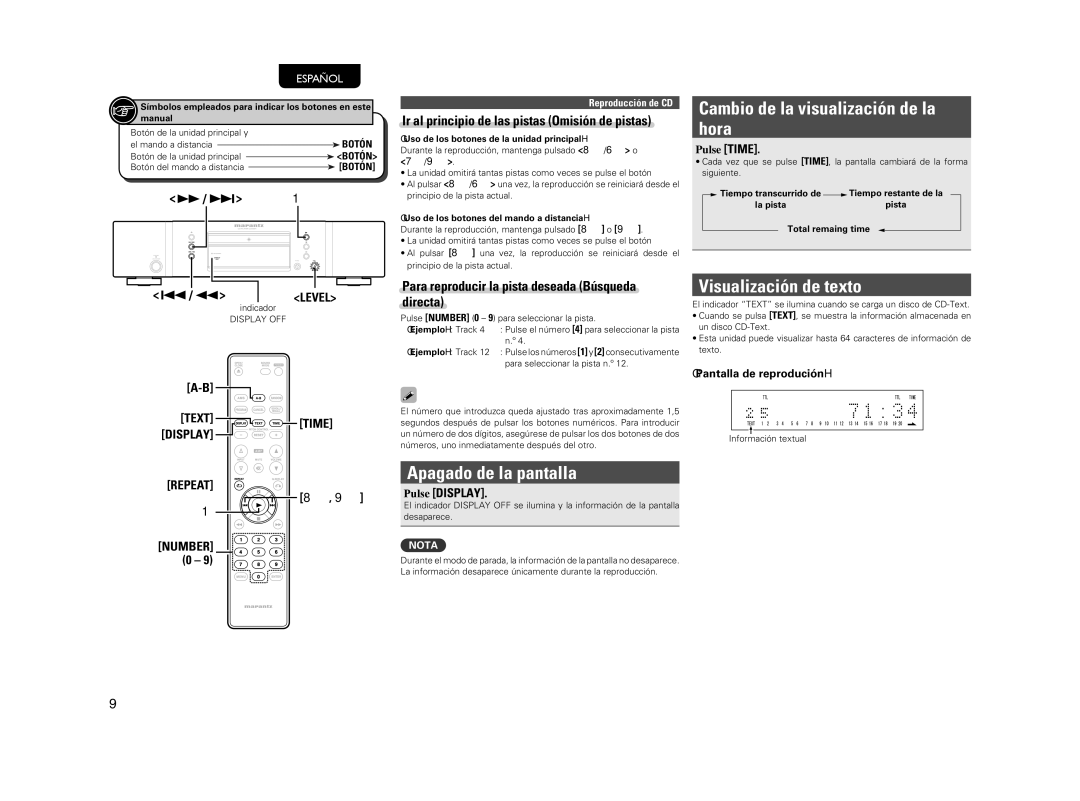 Marantz CD5004 manual Cambio de la visualización de la hora, Visualización de texto, Apagado de la pantalla 