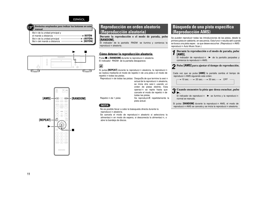 Marantz CD5004 manual Cómo detener la reproducción aleatoria, AMS Random, Ams 