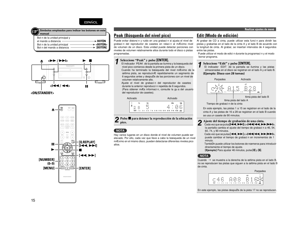 Marantz CD5004 manual Peak Búsqueda del nivel pico, Edit Modo de edición, Menu Enter 