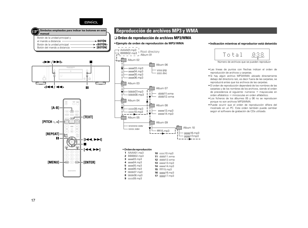 Marantz CD5004 NOrden de reproducción de archivos MP3/WMA, Ejemplo de orden de reproducción de MP3/WMA, Pitch -, +, Manual 