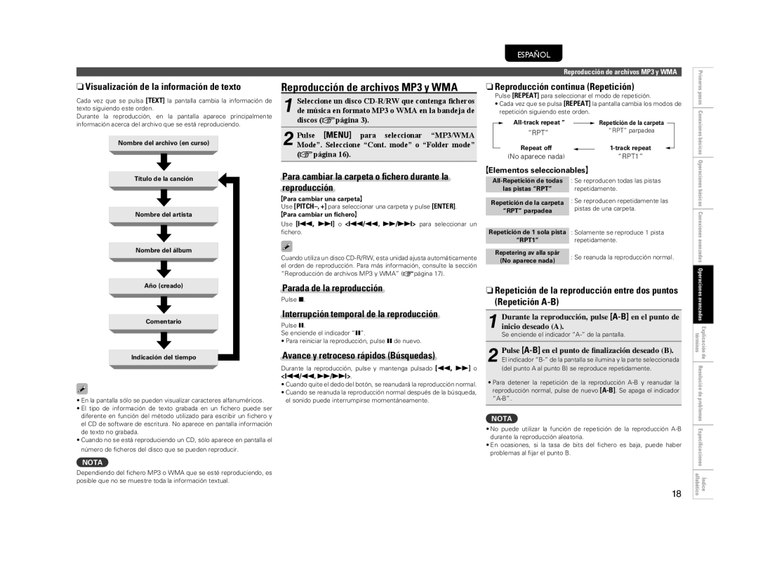 Marantz CD5004 manual NVisualización de la información de texto, Para cambiar la carpeta o ﬁchero durante la, Reproducción 