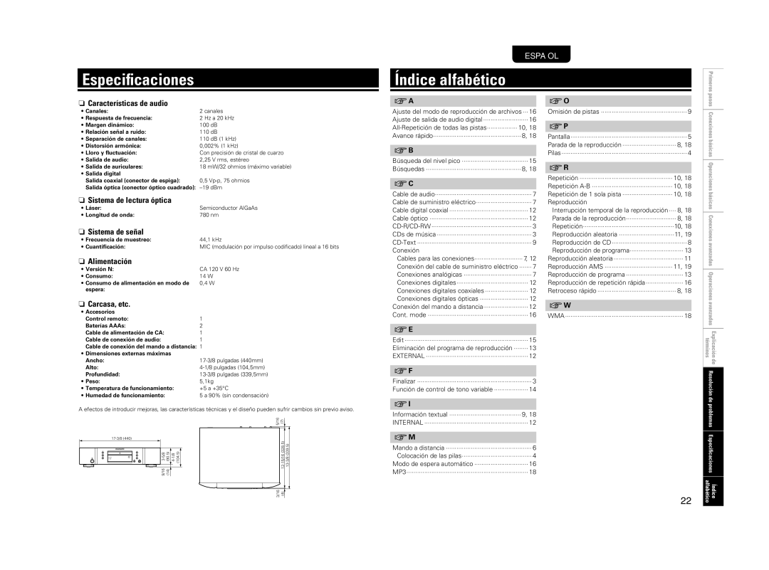 Marantz CD5004 manual Especiﬁcaciones, Índice alfabético 