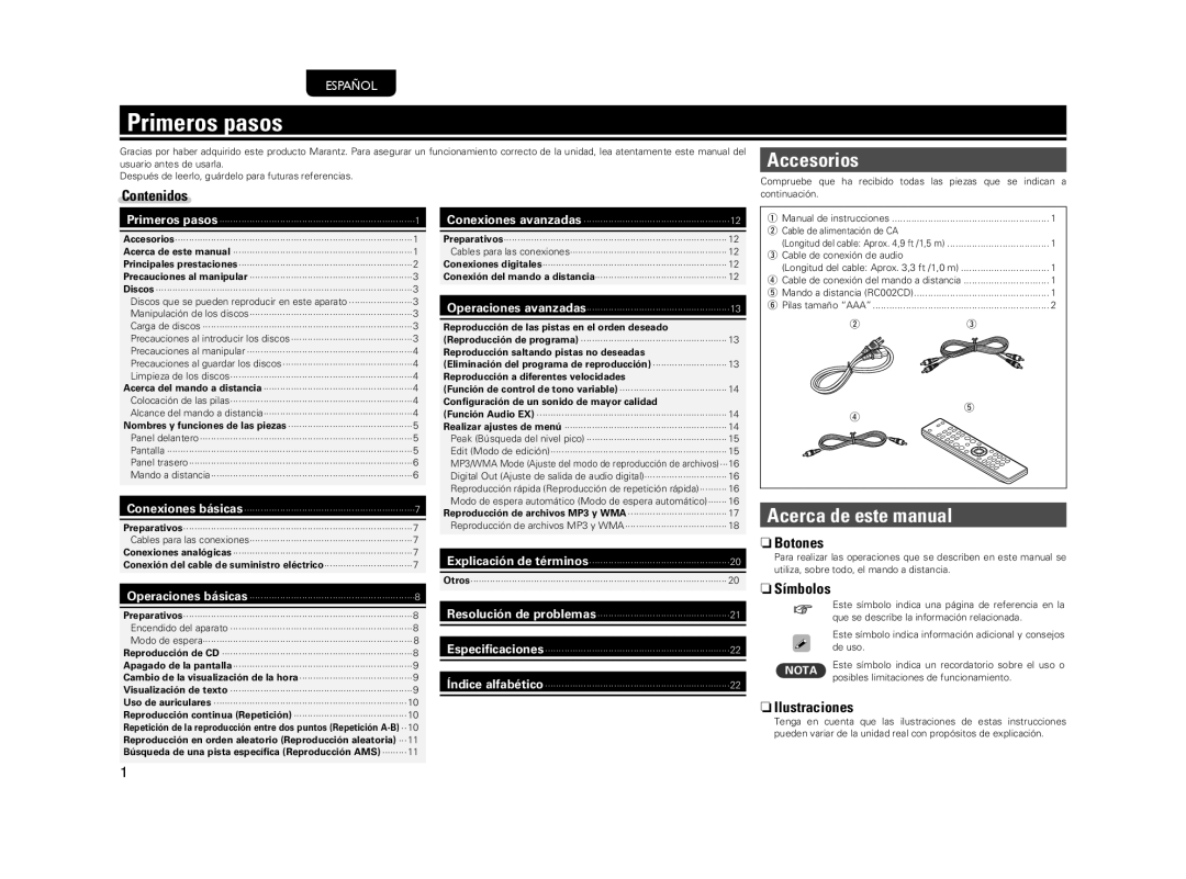 Marantz CD5004 Primeros pasos, Accesorios, Acerca de este manual 