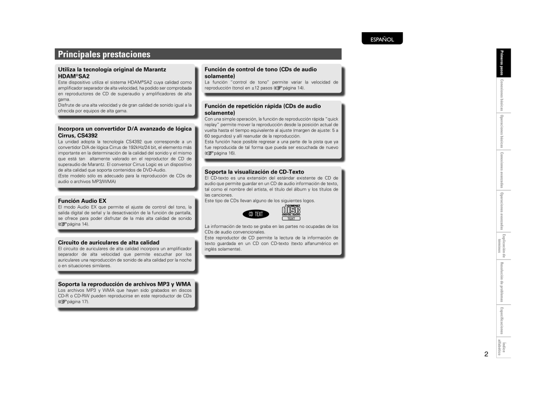 Marantz CD5004 manual Principales prestaciones, Utiliza la tecnología original de Marantz HDAMSA2 