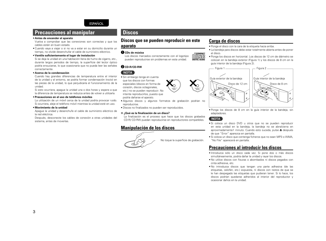 Marantz CD5004 manual Precauciones al manipular Discos, Discos que se pueden reproducir en este aparato, Carga de discos 