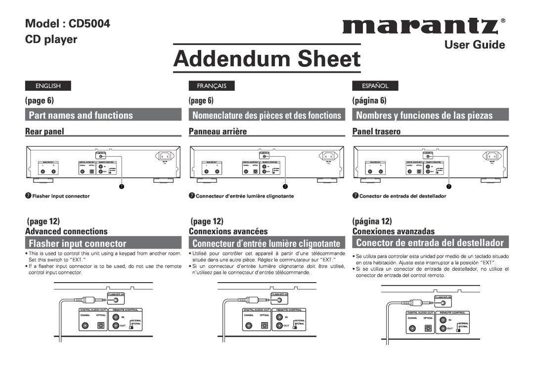 Marantz Flasher input connector, Nombres y funciones de las piezas, Addendum Sheet, Model CD5004 CD player, User Guide 