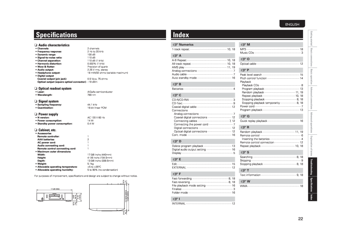 Marantz CD5004 Speciﬁcations, Index, English, nAudio characteristics, n Optical readout system, n Signal system, vNumerics 