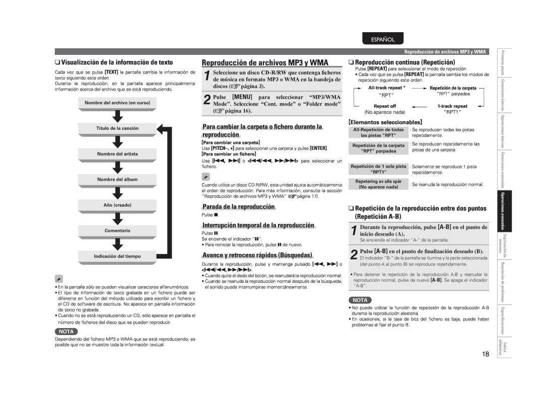 Marantz CD5004 manual Reproducción de archivos MP3 y WMA, nVisualización de la información de texto, reproducción, Español 