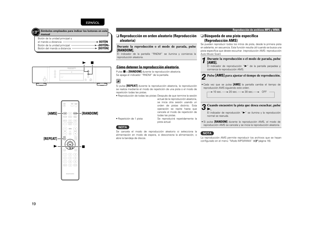 Marantz CD5004 manual Cómo detener la reproducción aleatoria, Ams Random Repeat, Español, Nota 
