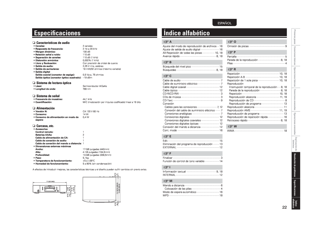 Marantz CD5004 manual Especiﬁcaciones, Índice alfabético, Español, n Características de audio, n Sistema de lectura óptica 