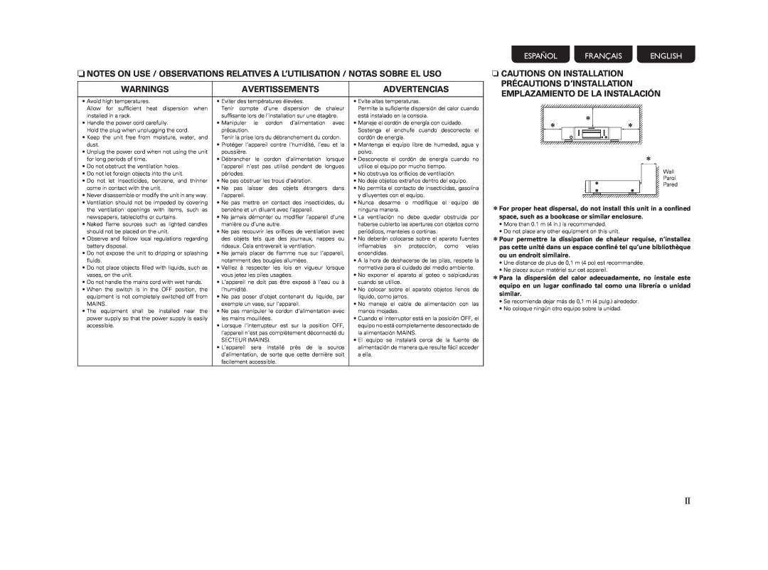 Marantz CD5004 manual Warnings, Avertissements, Advertencias, n CAUTIONS ON INSTALLATION, Español Français English 