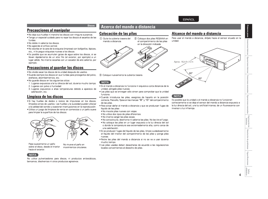 Marantz CD5004 Acerca del mando a distancia, Precauciones al manipular, Precauciones al guardar los discos, Español, Nota 