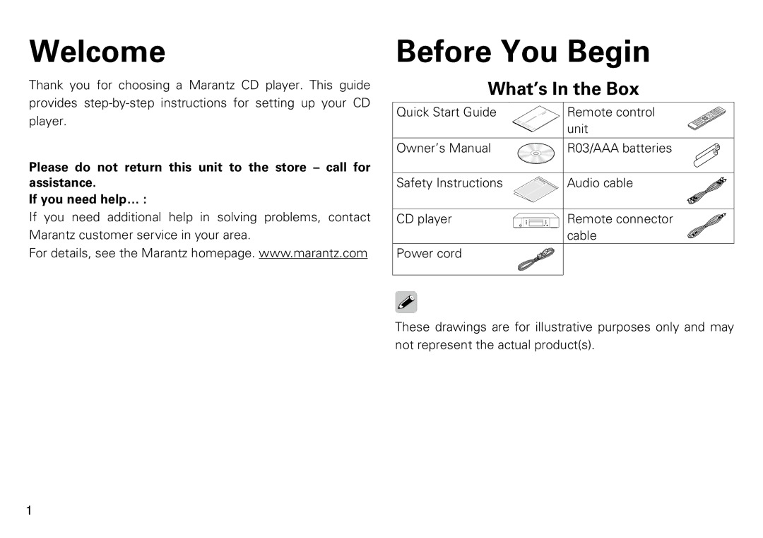 Marantz CD5005 quick start Welcome, Before You Begin, What’s In the Box 