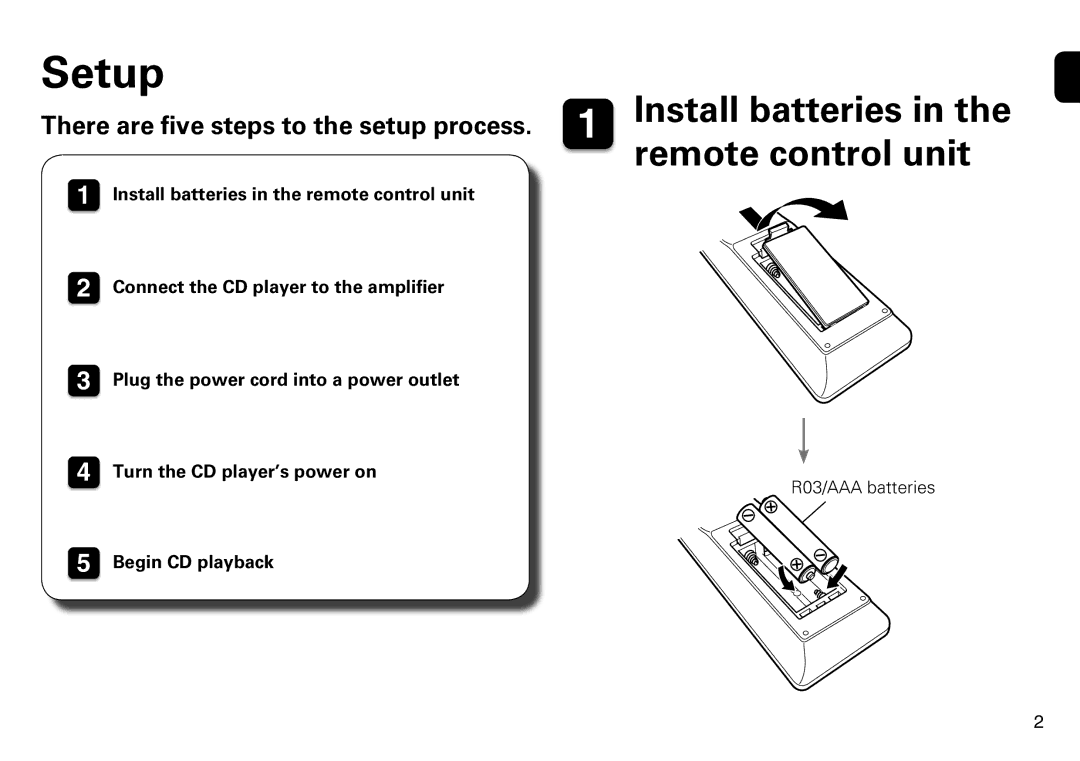 Marantz CD5005 quick start Setup, Remote control unit, There are five steps to the setup process 