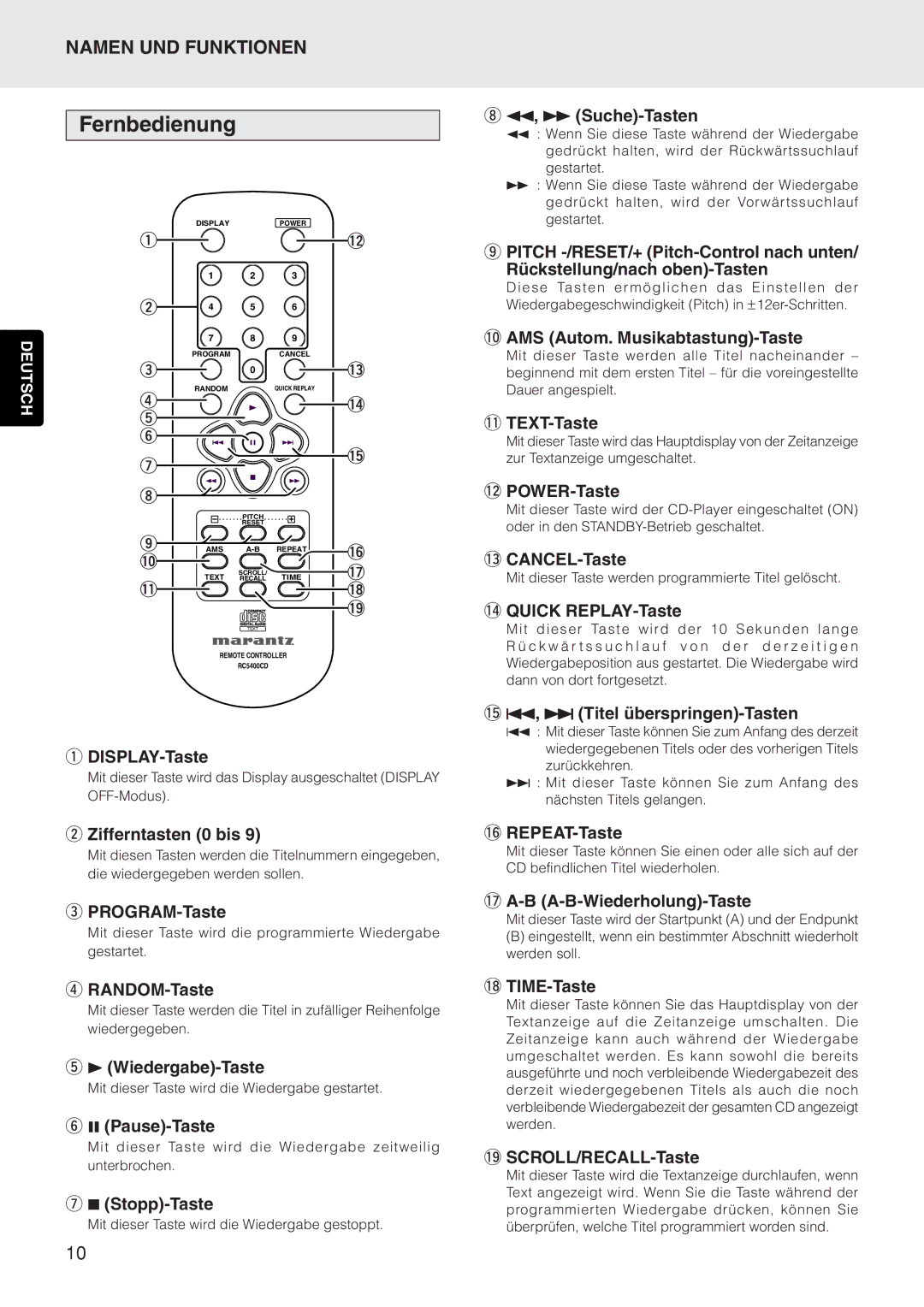 Marantz CD5400 manual Fernbedienung, ¡ Suche-Tasten 