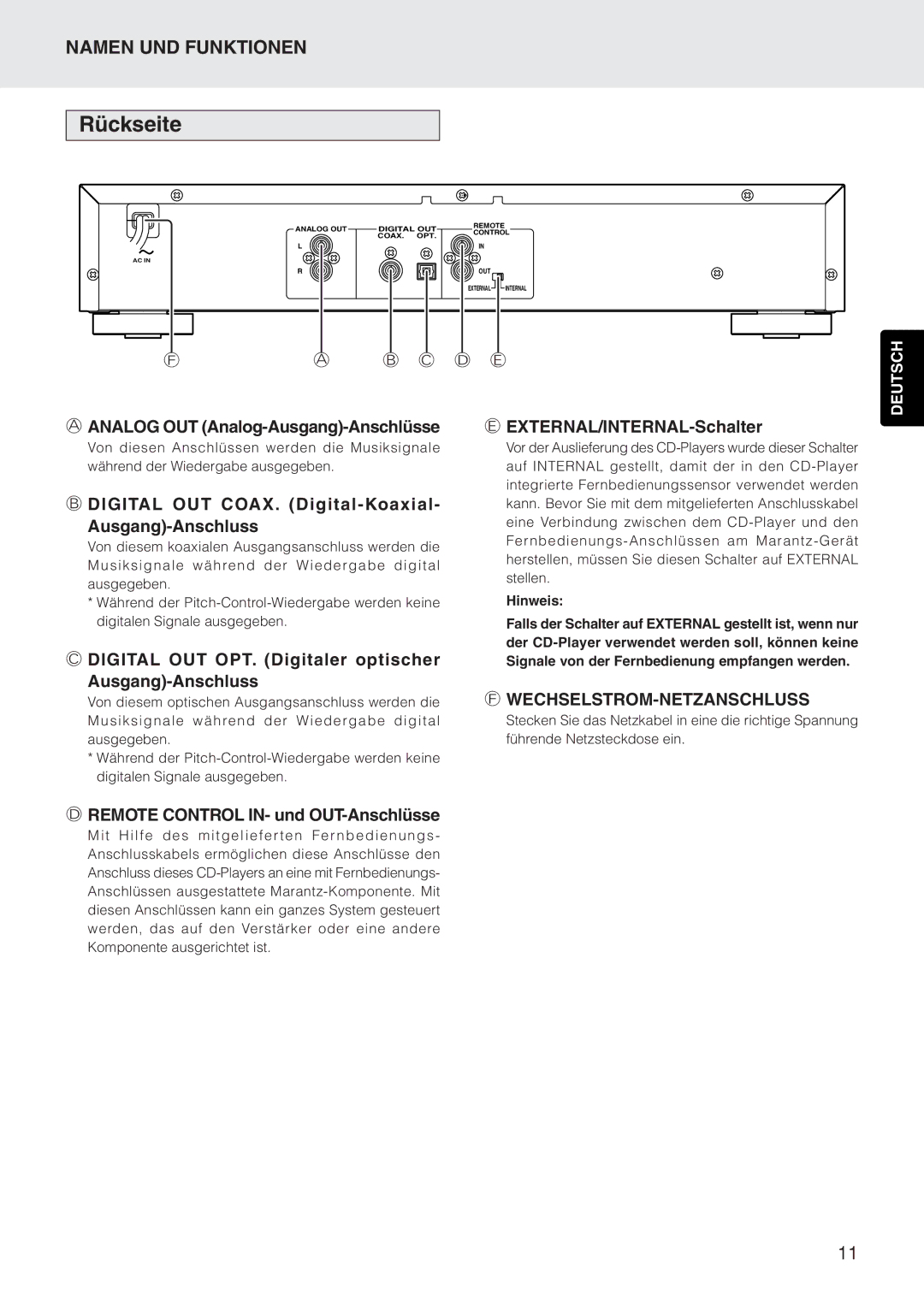 Marantz CD5400 manual Rückseite, Digital OUT COAX. Digital-Koaxial Ausgang-Anschluss 