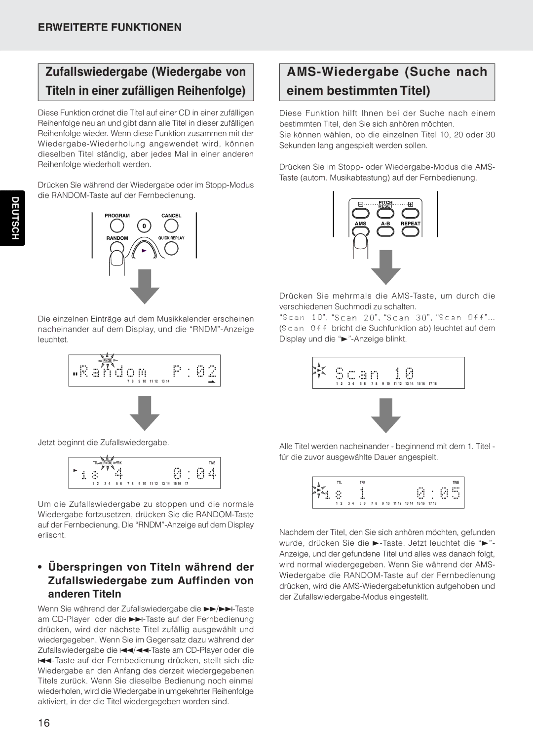 Marantz CD5400 manual AMS-Wiedergabe Suche nach Einem bestimmten Titel, Bricht die Suchfunktion ab leuchtet auf dem 