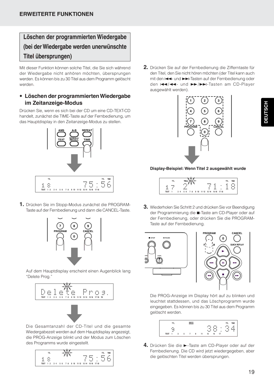 Marantz CD5400 manual Titel übersprungen, Löschen der programmierten Wiedergabe im Zeitanzeige-Modus 