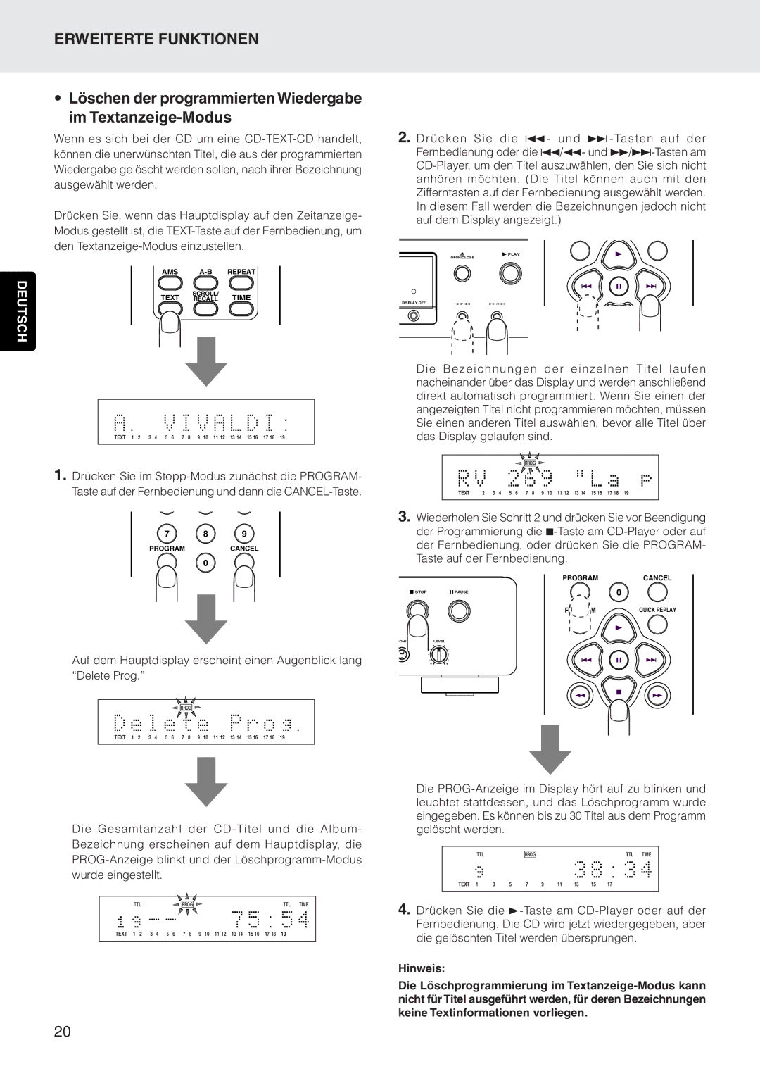 Marantz CD5400 manual Löschen der programmierten Wiedergabe im Textanzeige-Modus 