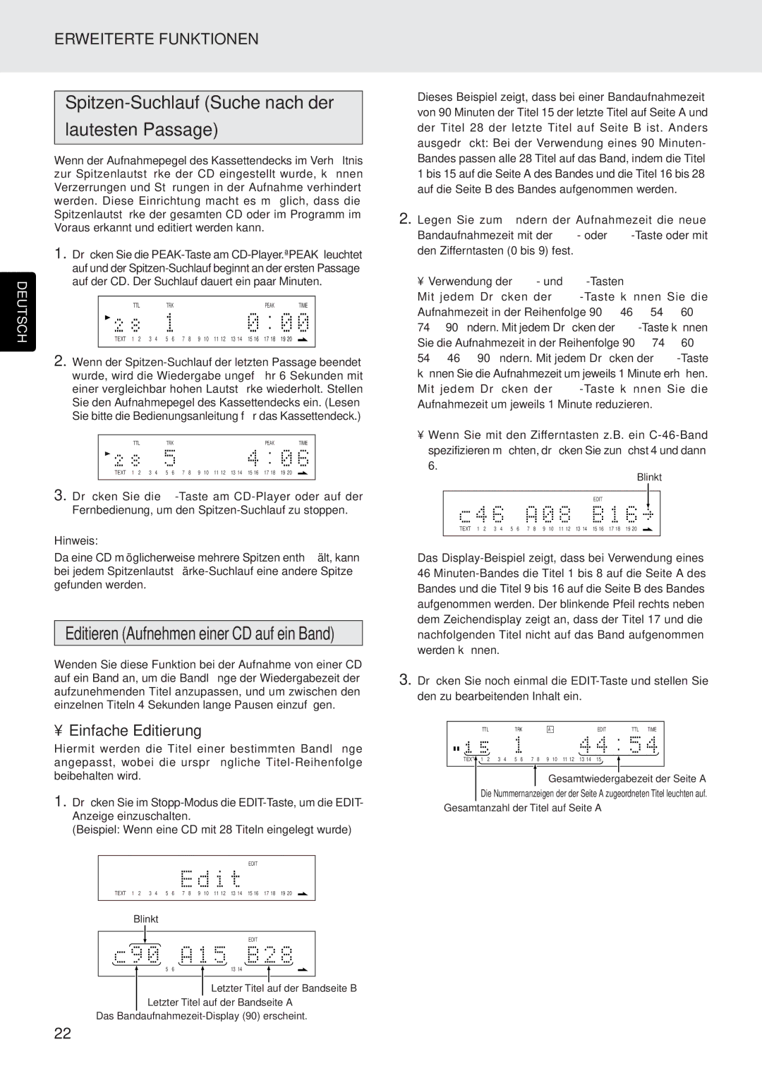 Marantz CD5400 manual Spitzen-Suchlauf Suche nach der Lautesten Passage, Editieren Aufnehmen einer CD auf ein Band 