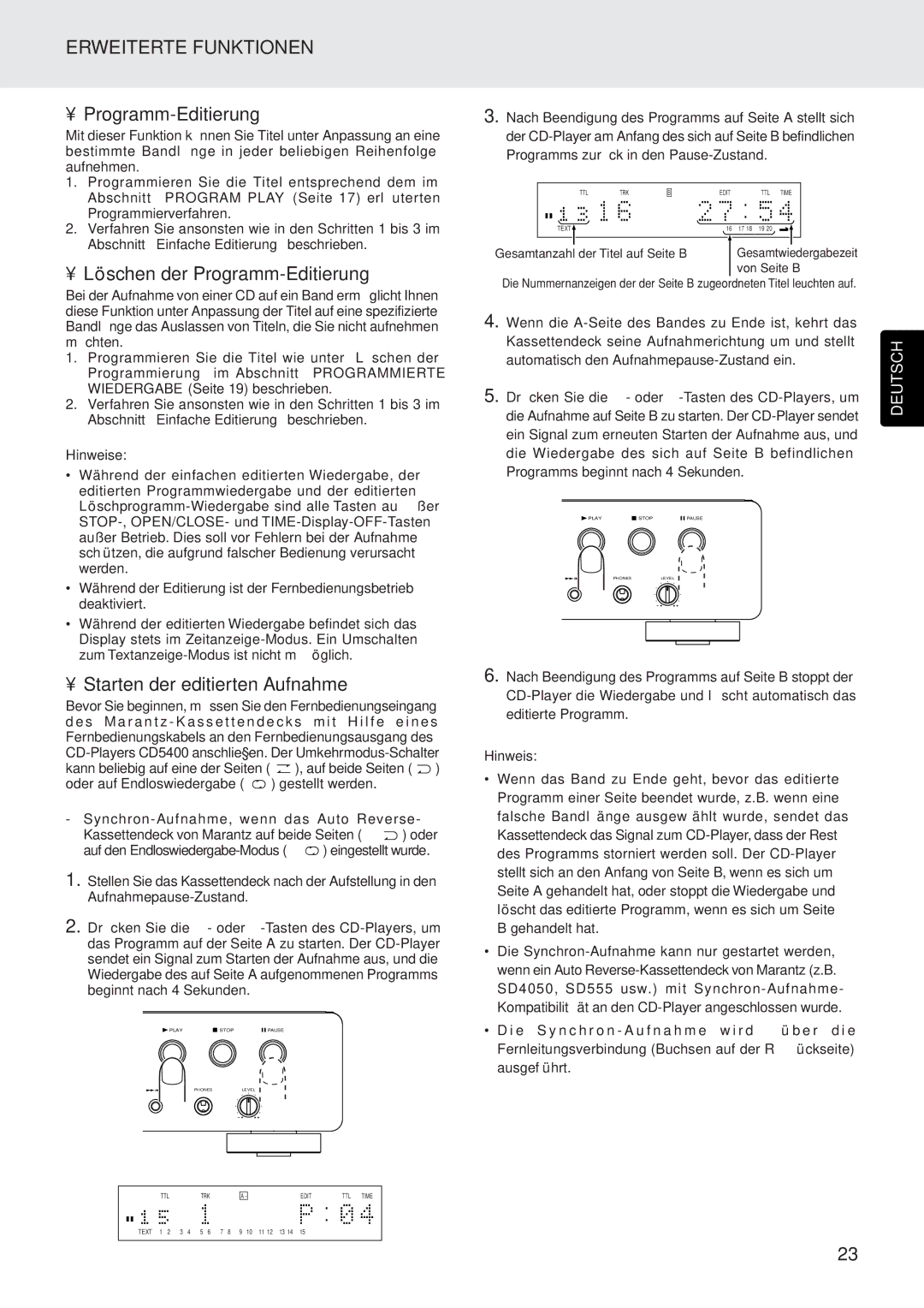 Marantz CD5400 manual Löschen der Programm-Editierung, Starten der editierten Aufnahme 