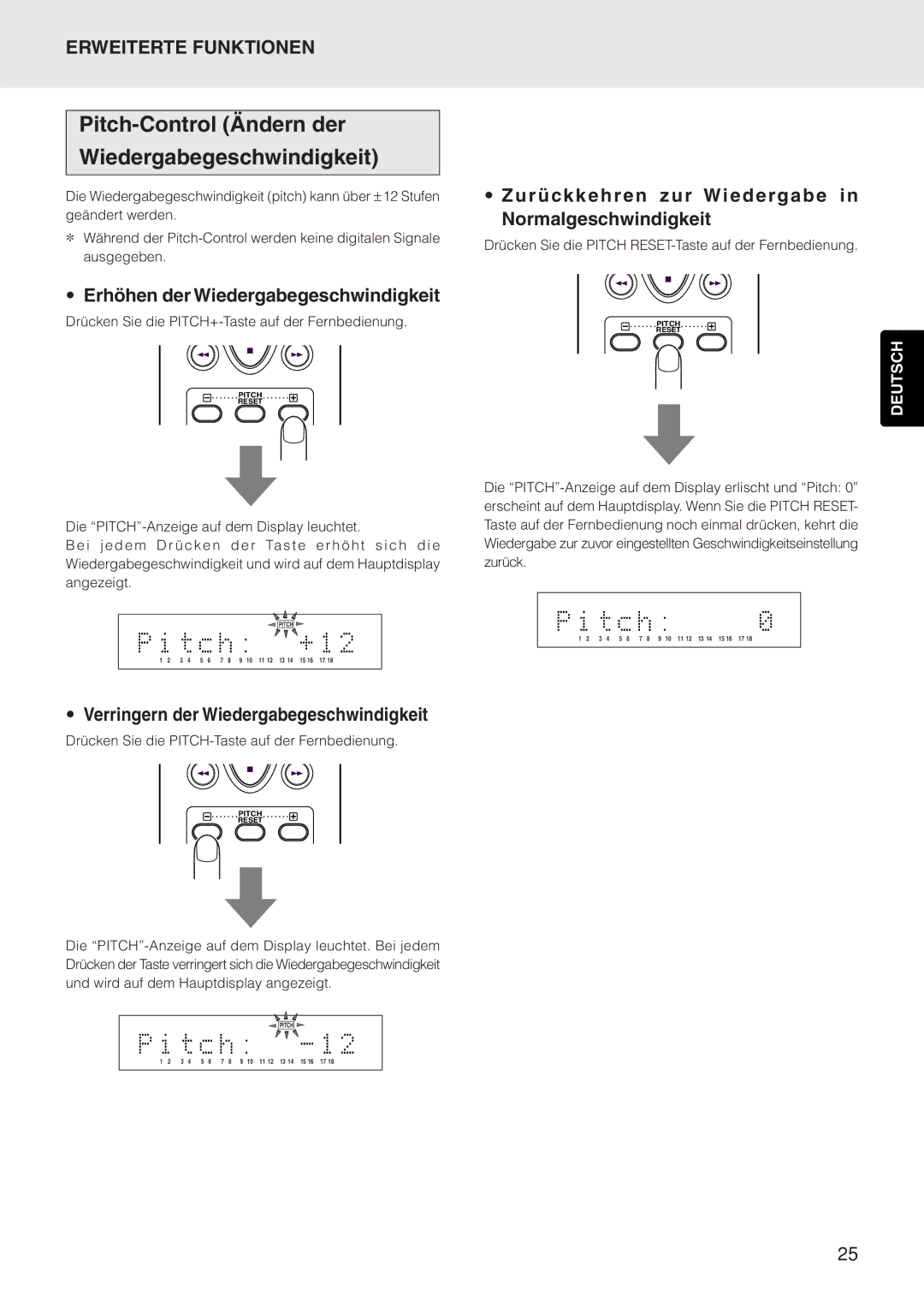 Marantz CD5400 manual Pitch-Control Ändern der Wiedergabegeschwindigkeit, Erhöhen der Wiedergabegeschwindigkeit 