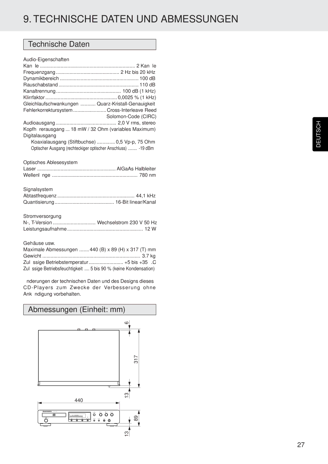 Marantz CD5400 manual Technische Daten UND Abmessungen, Abmessungen Einheit mm 