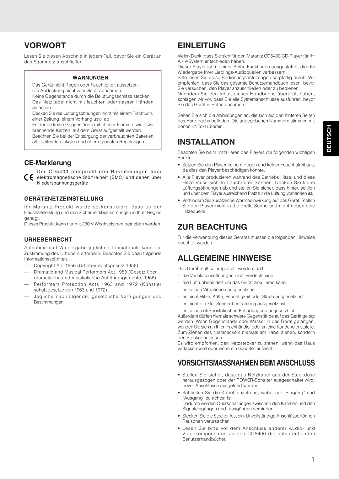 Marantz CD5400 manual Vorwort, CE-Markierung 
