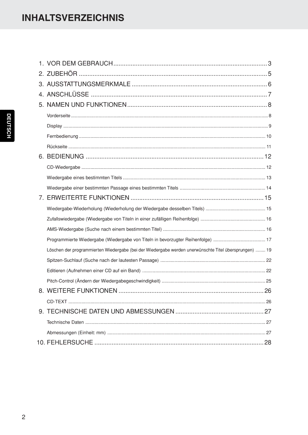 Marantz CD5400 manual Inhaltsverzeichnis, Bedienung 