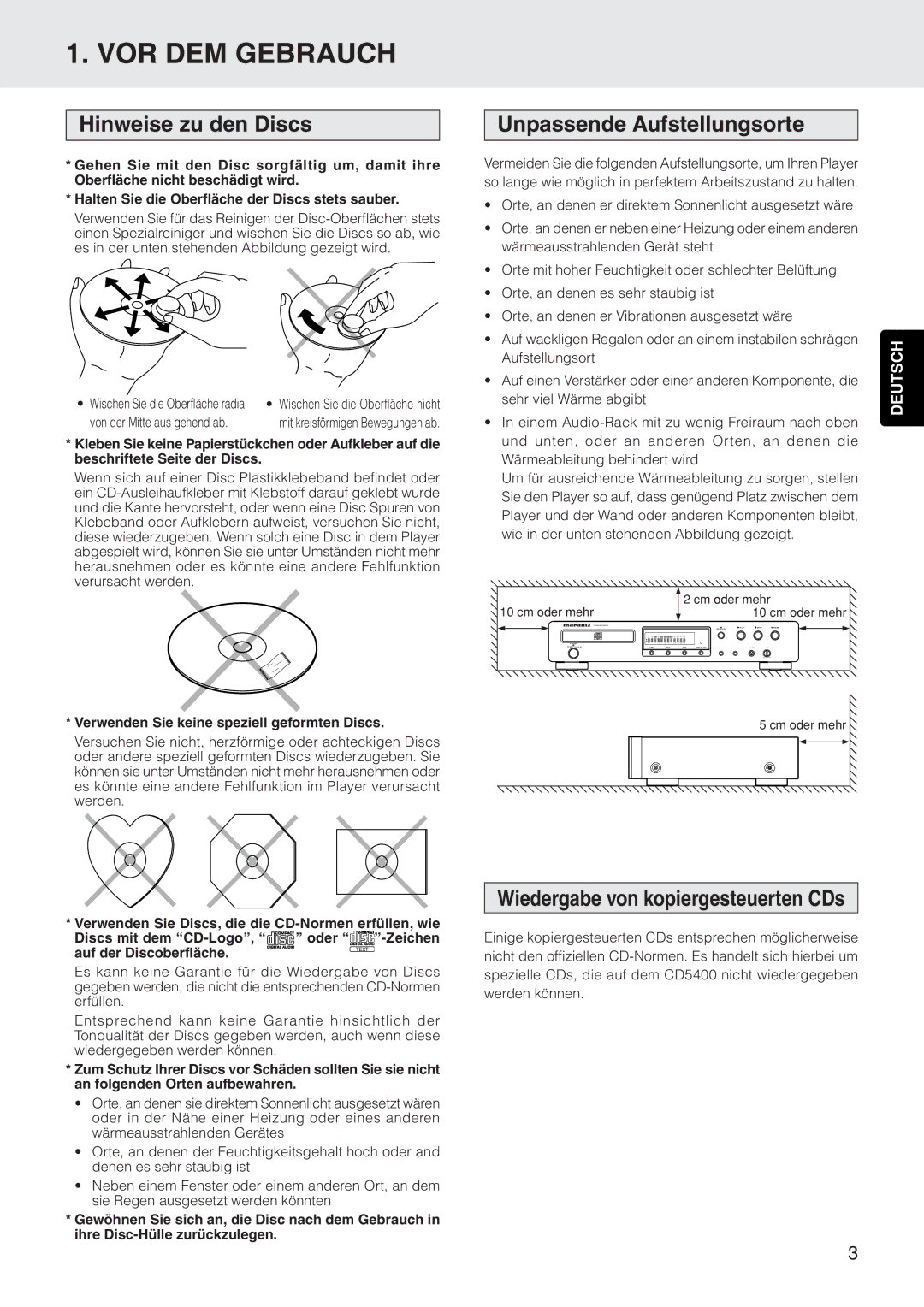 Marantz CD5400 manual VOR DEM Gebrauch, Hinweise zu den Discs, Unpassende Aufstellungsorte 