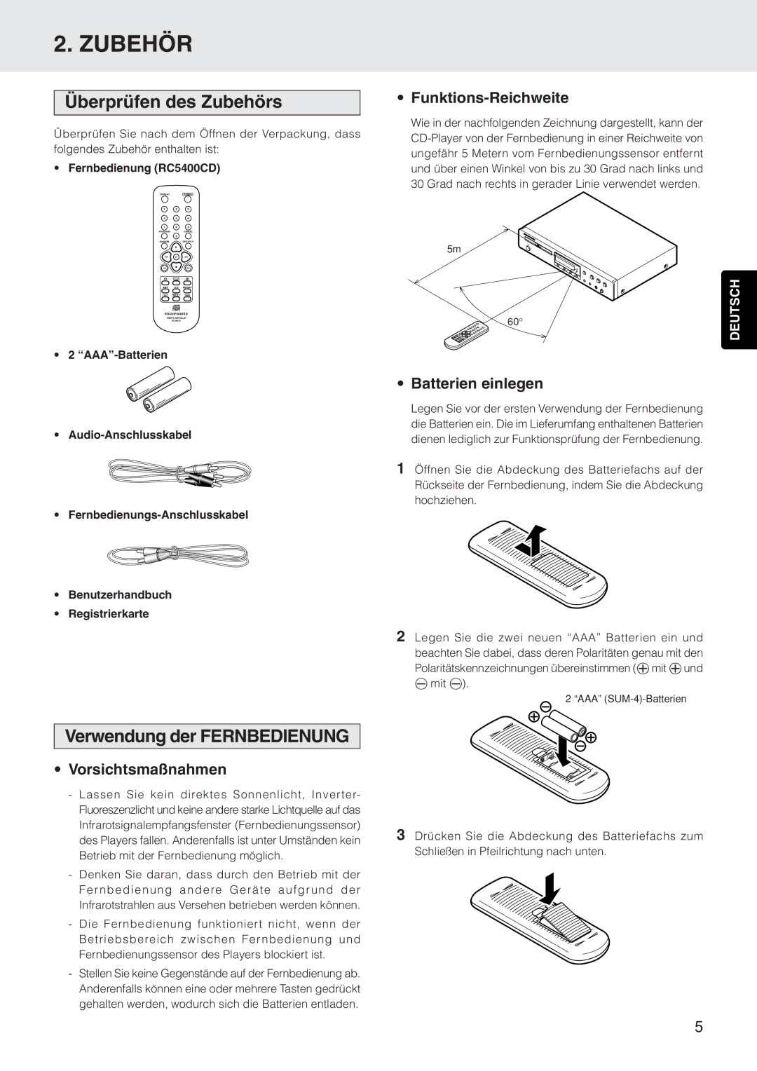 Marantz CD5400 manual Überprüfen des Zubehörs, Verwendung der Fernbedienung 