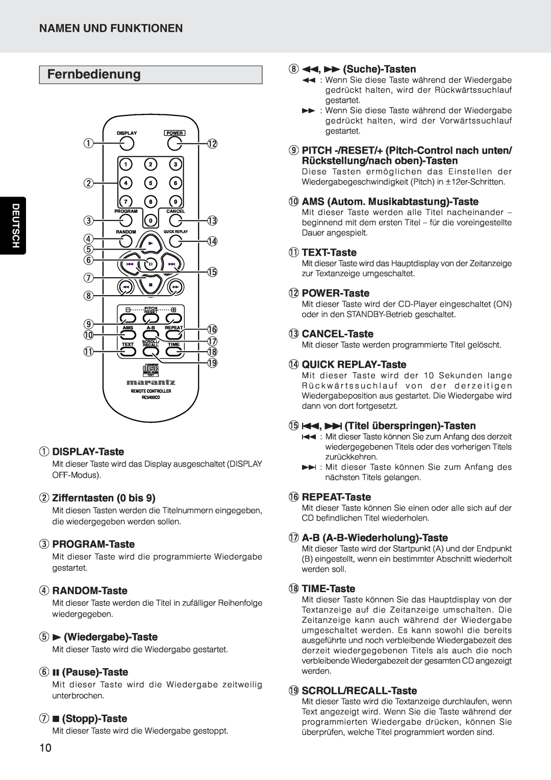Marantz CD5400 manual Fernbedienung, Namen Und Funktionen 