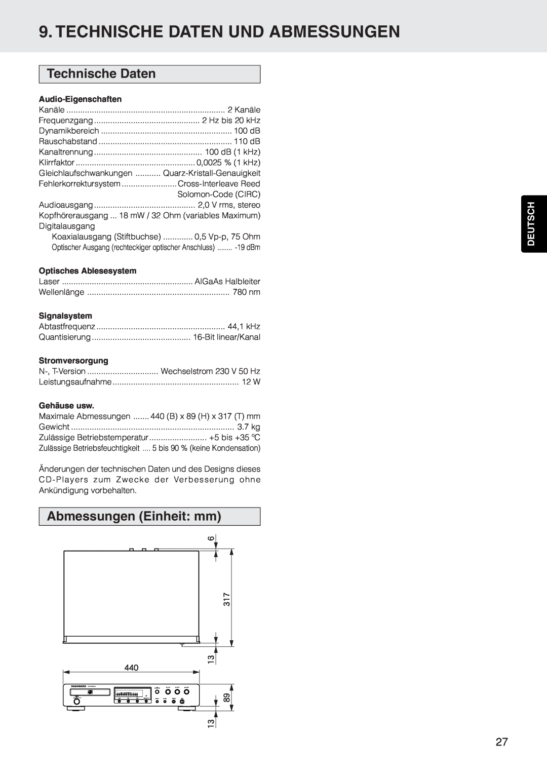 Marantz CD5400 manual Technische Daten Und Abmessungen, Abmessungen Einheit mm, Deutsch, Audio-Eigenschaften, Signalsystem 