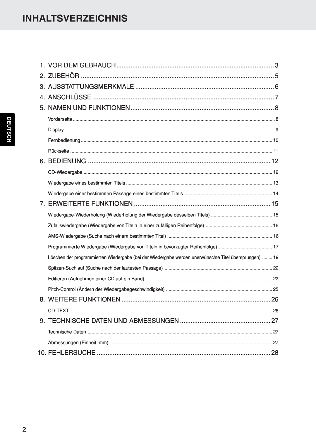 Marantz CD5400 manual Inhaltsverzeichnis 