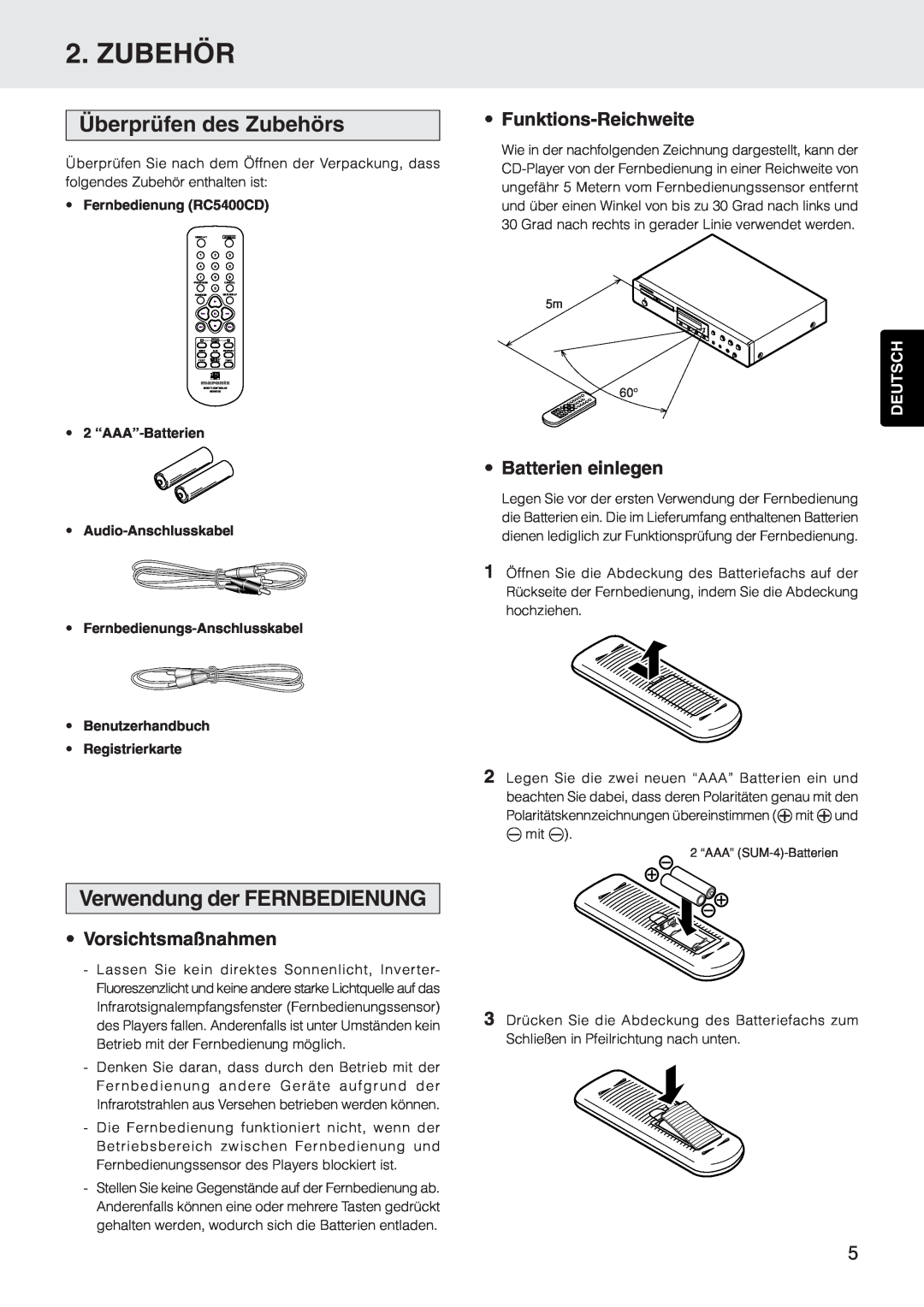 Marantz CD5400 manual Überprüfen des Zubehörs, Verwendung der FERNBEDIENUNG, Funktions-Reichweite, Batterien einlegen 
