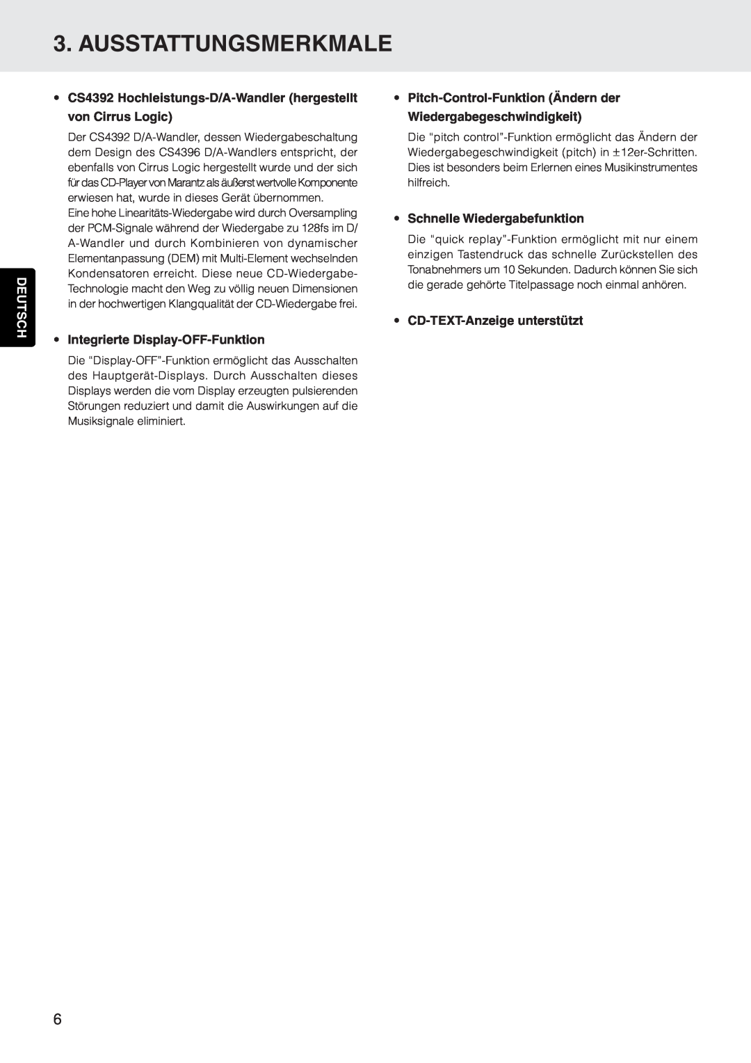 Marantz CD5400 manual Ausstattungsmerkmale, Deutsch, Integrierte Display-OFF-Funktion, Schnelle Wiedergabefunktion 