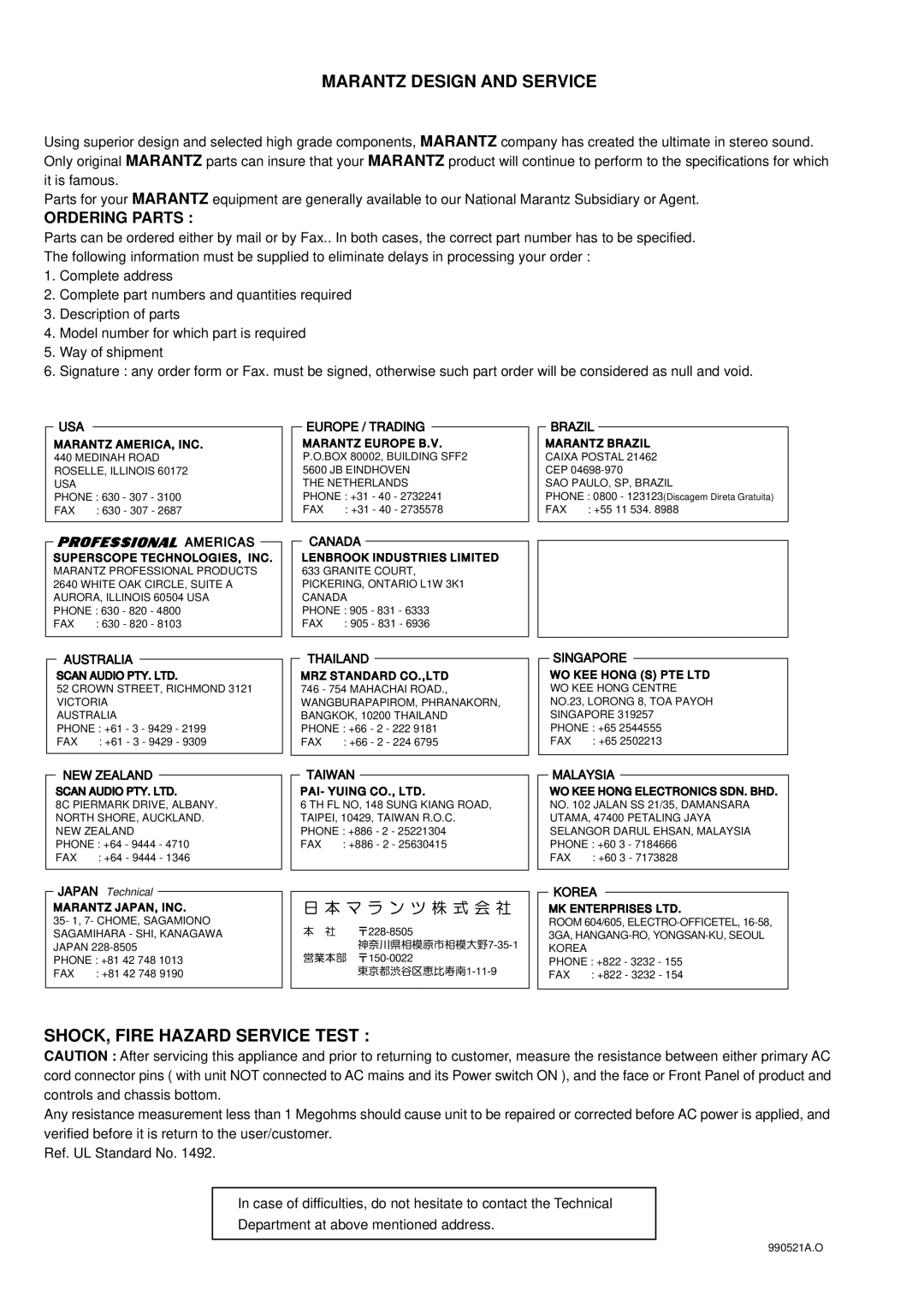 Marantz CD6000SE service manual Marantz Design and Service, SHOCK, Fire Hazard Service Test, Ordering Parts 