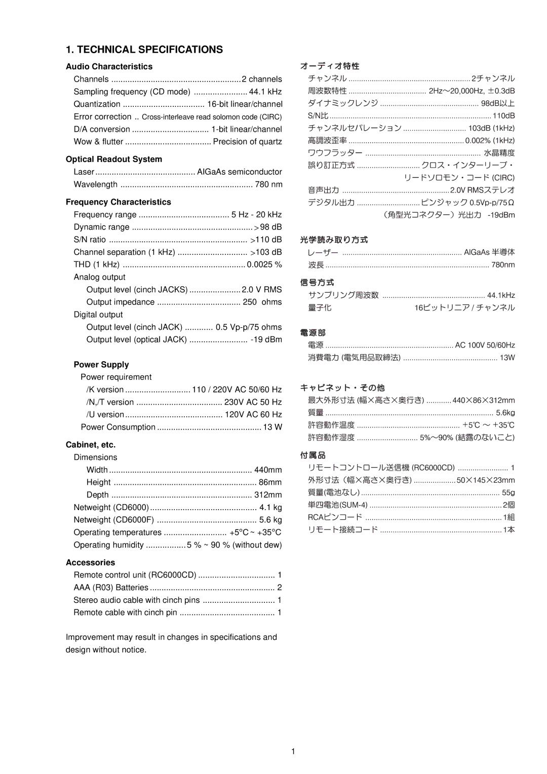 Marantz CD6000SE service manual Technical Specifications, Audio Characteristics 