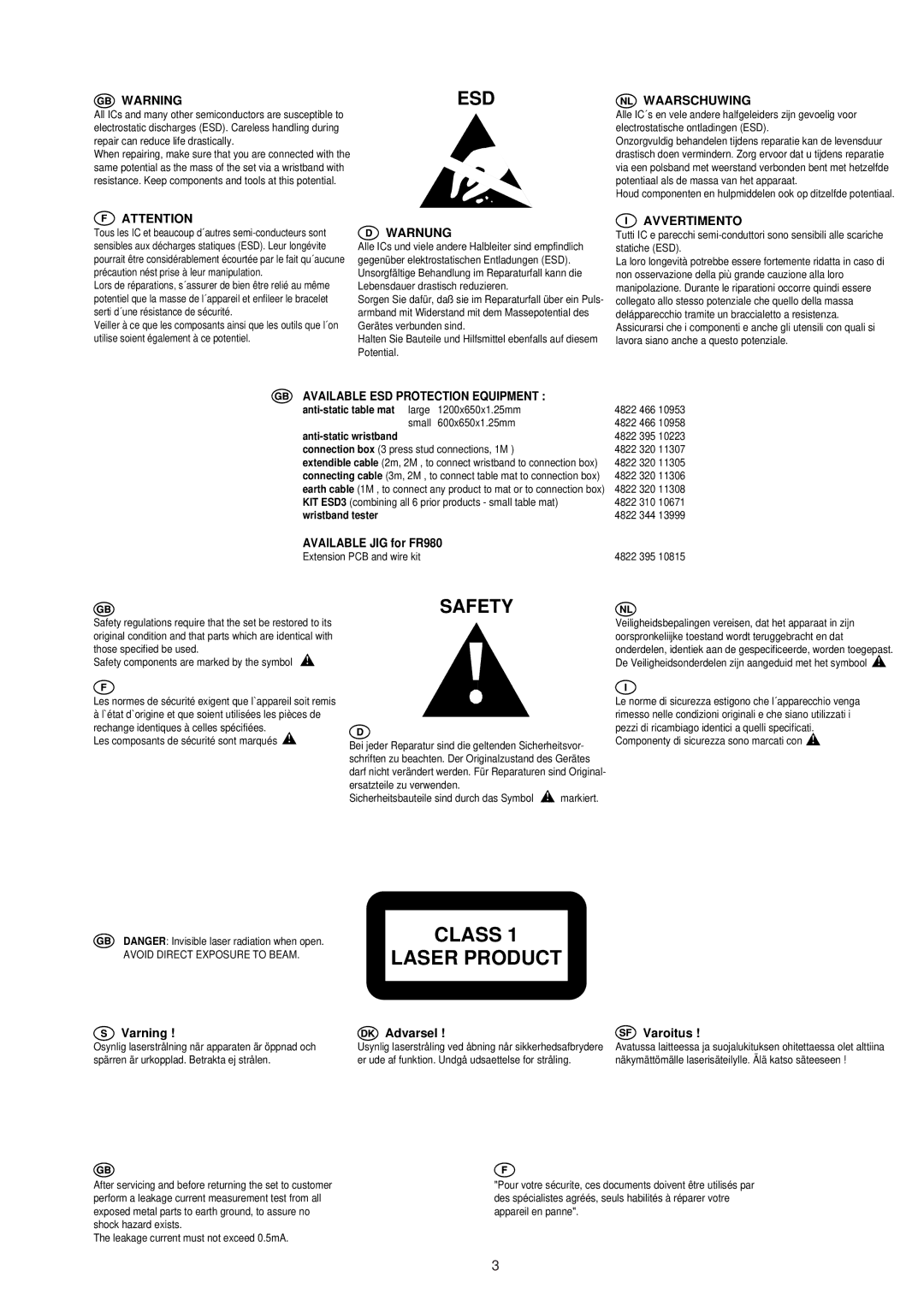 Marantz CD6000SE service manual Waarschuwing, Warnung, Avvertimento, Available ESD Protection Equipment 