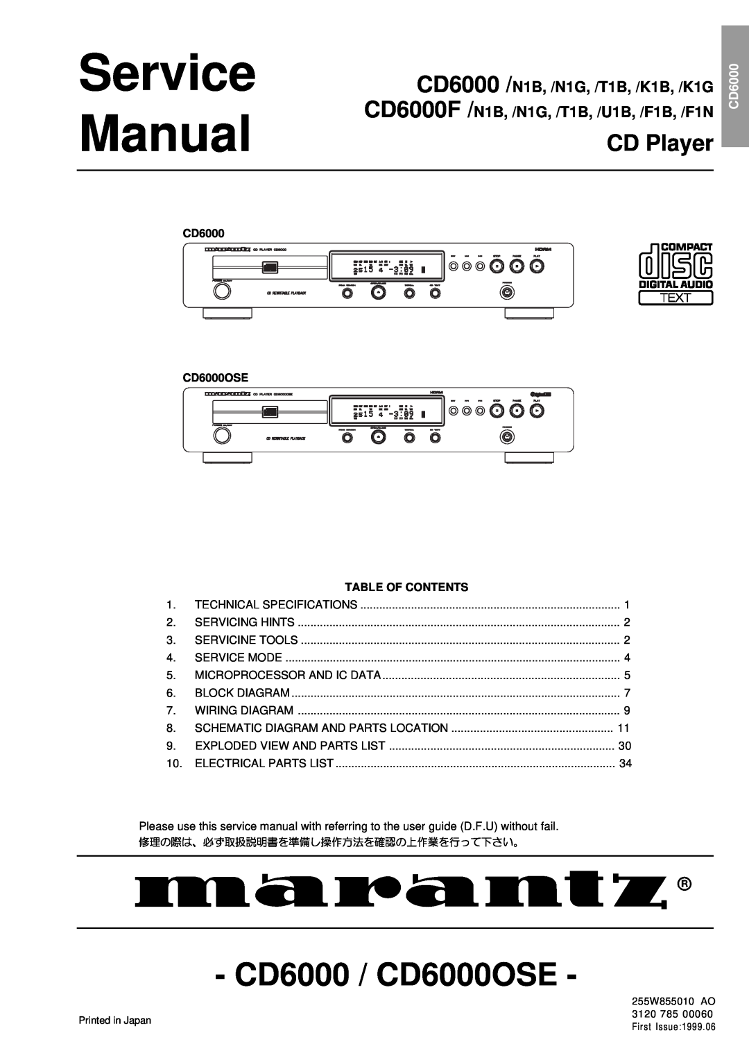 Marantz CD6000SE service manual CD6000 CD6000OSE, Table Of Contents, Service Manual, CD6000 / CD6000OSE, CD Player 