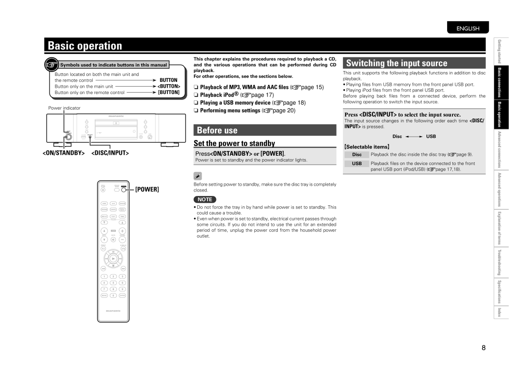 Marantz CD6004 owner manual Basic operation, Before use, Switching the input source, Set the power to standby 