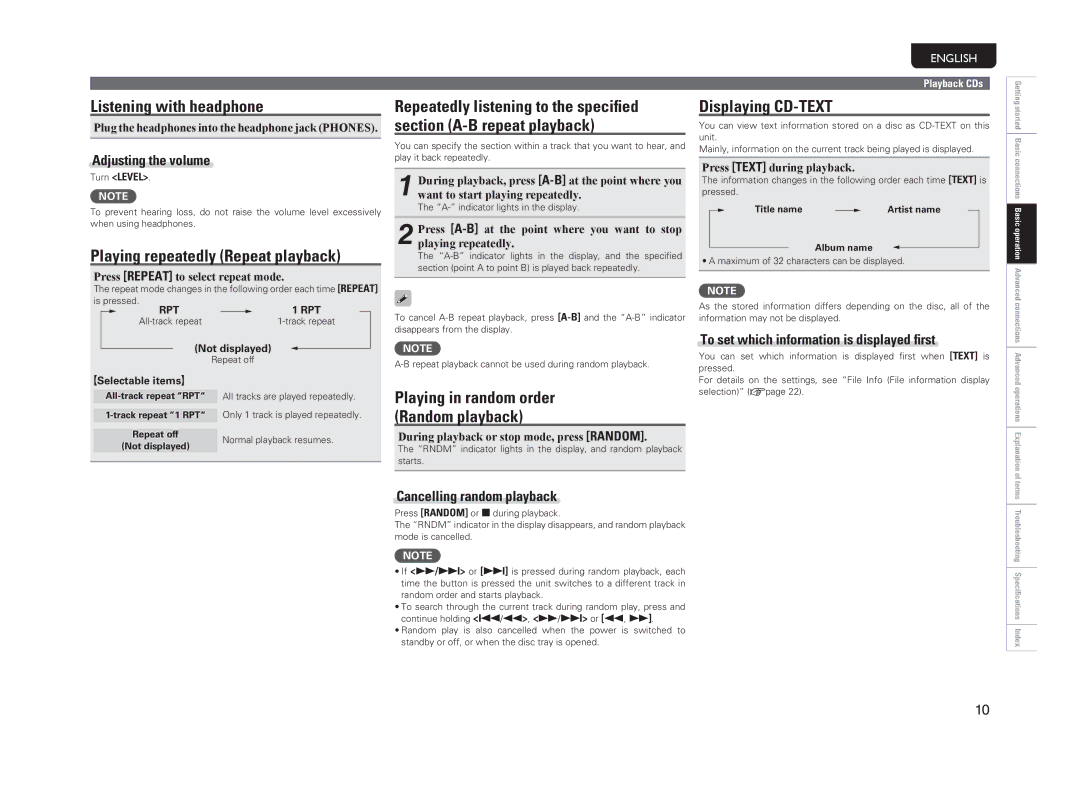 Marantz CD6004 owner manual Listening with headphone, Playing repeatedly Repeat playback, Displaying CD-TEXT 