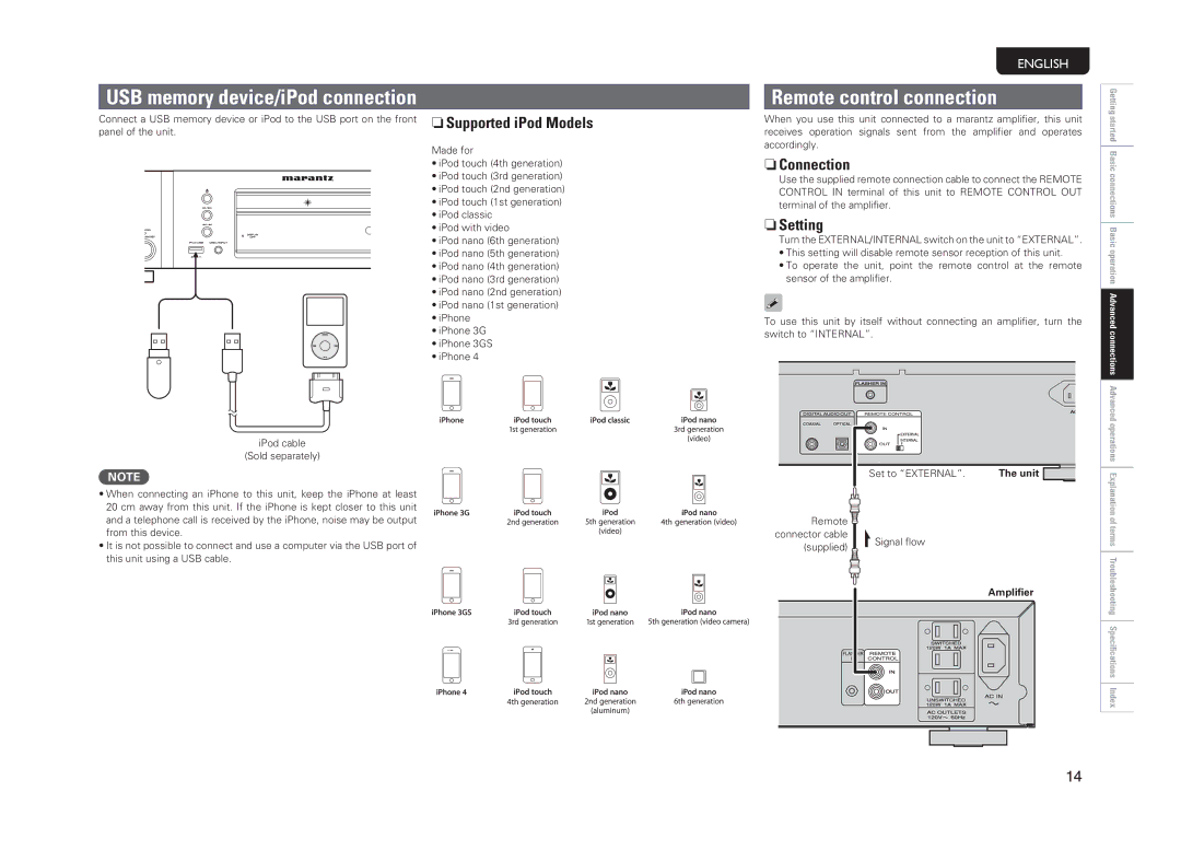 Marantz CD6004 owner manual Remote control connection, NnSupported iPod Models, NnConnection, NnSetting, Set to External 