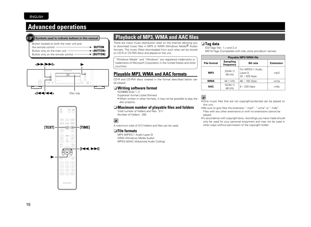 Marantz CD6004 Advanced operations, Playable MP3, WMA and AAC formats, NWriting software format, NFile formats, NTag data 