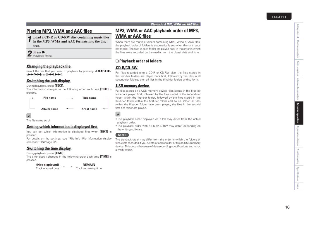 Marantz CD6004 owner manual Playing MP3, WMA and AAC files, MP3, WMA or AAC playback order of MP3, WMA or AAC files 