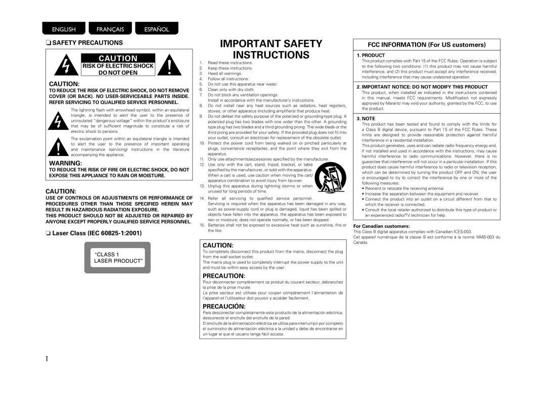 Marantz CD6004 owner manual NSAFETY Precautions, For Canadian customers 