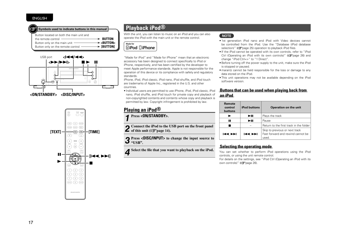 Marantz CD6004 owner manual Playback iPod, Playing an iPod, Buttons that can be used when playing back from an iPod 