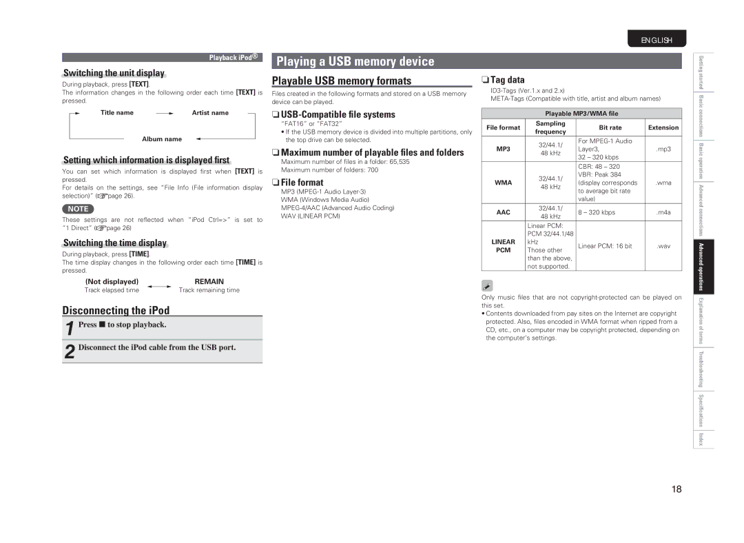 Marantz CD6004 owner manual Playing a USB memory device, Disconnecting the iPod, Playable USB memory formats 